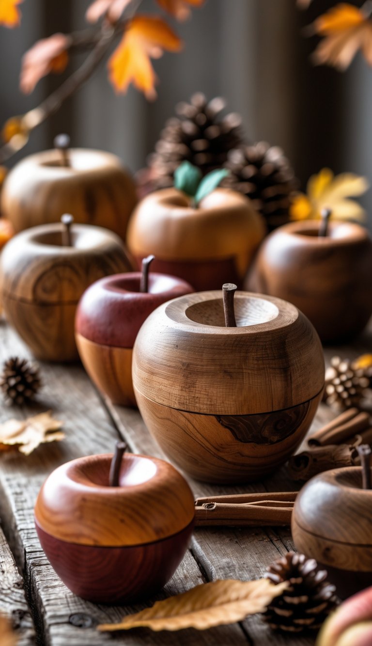 A group of hand-carved wooden apple figurines displayed on a wooden surface with autumn leaves and pinecones around them.